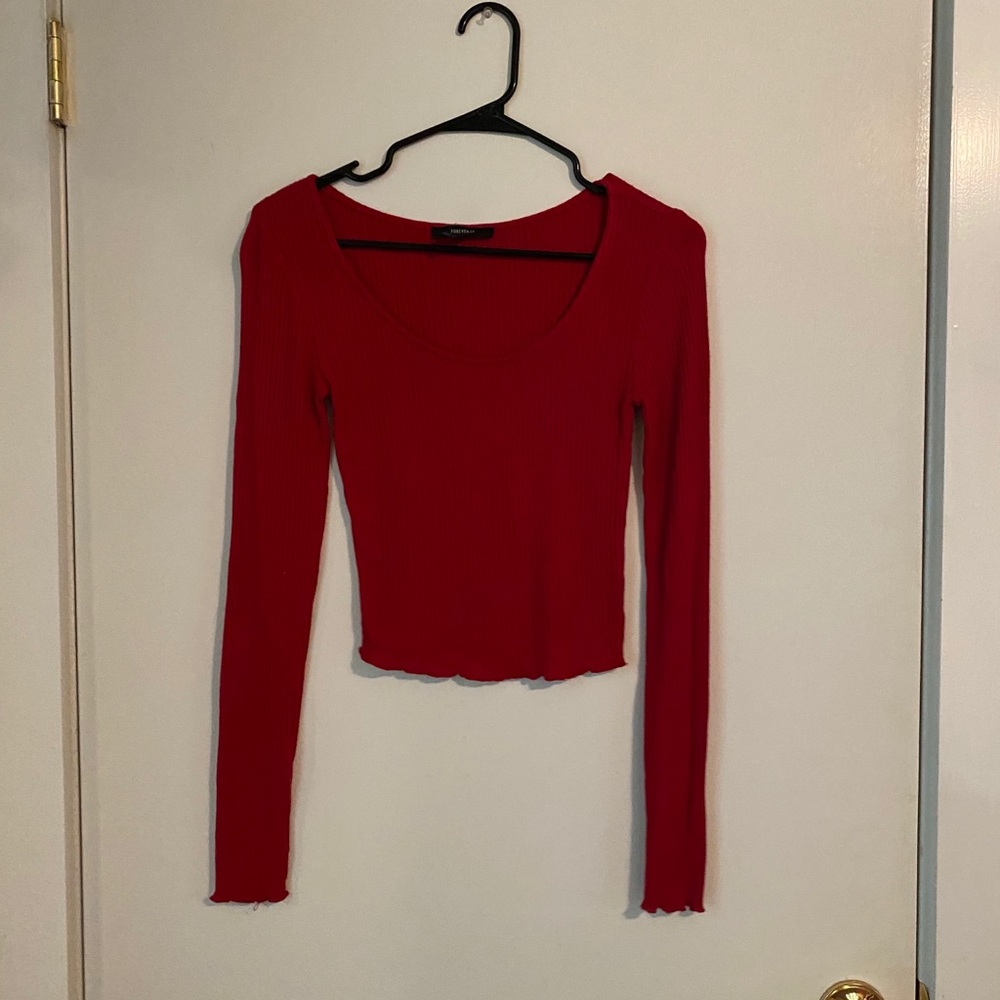 Red ribbed cropped long sleeve